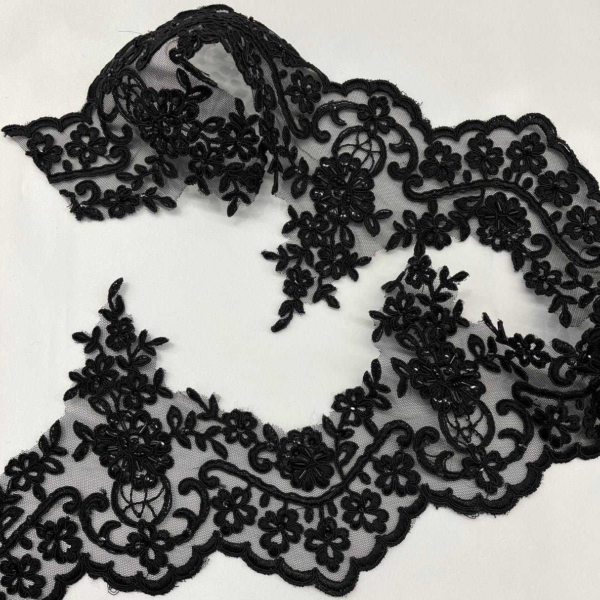 1 Yard Beaded & Corded Floral Lace Trimming Embroidered on 100% Polyester Net Mesh 6" Wide