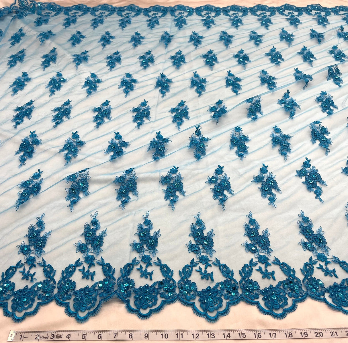 1 Yard Beaded Corded Lace Fabric Embroidered Elegant Mesh Bridal Gown 53" Width