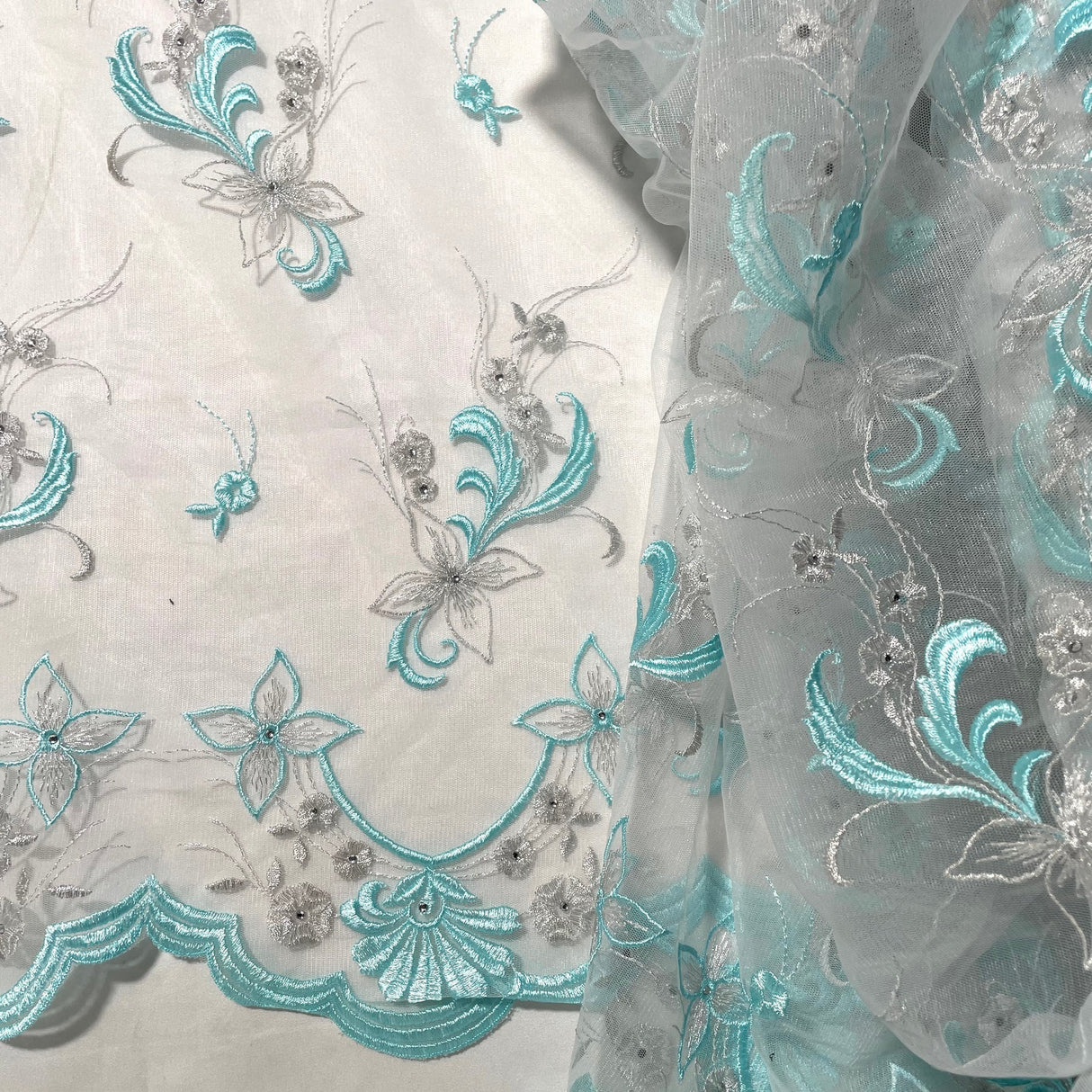 1 Yard Light Blue Beaded Lace Fabric Embroidered on Polyester Net Mesh Elegant 51 Inch Width