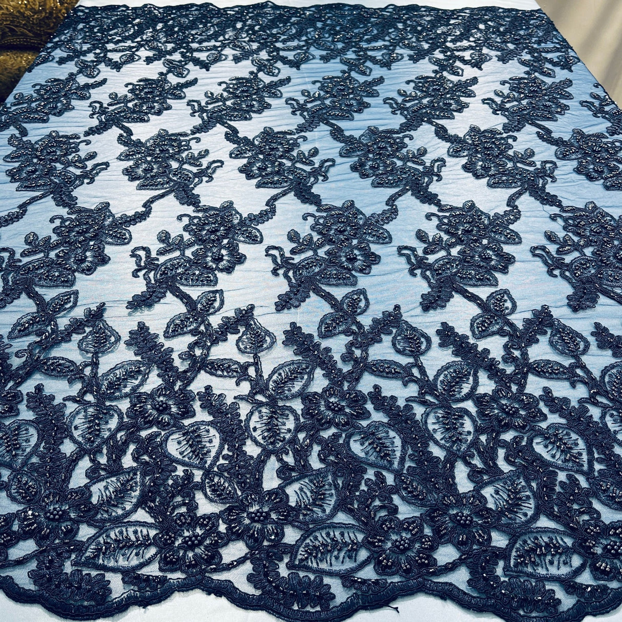 1 Yard Beaded and Corded Bridal Lace Fabric Embroidered on Soft Polyester Net Mesh 50" Width