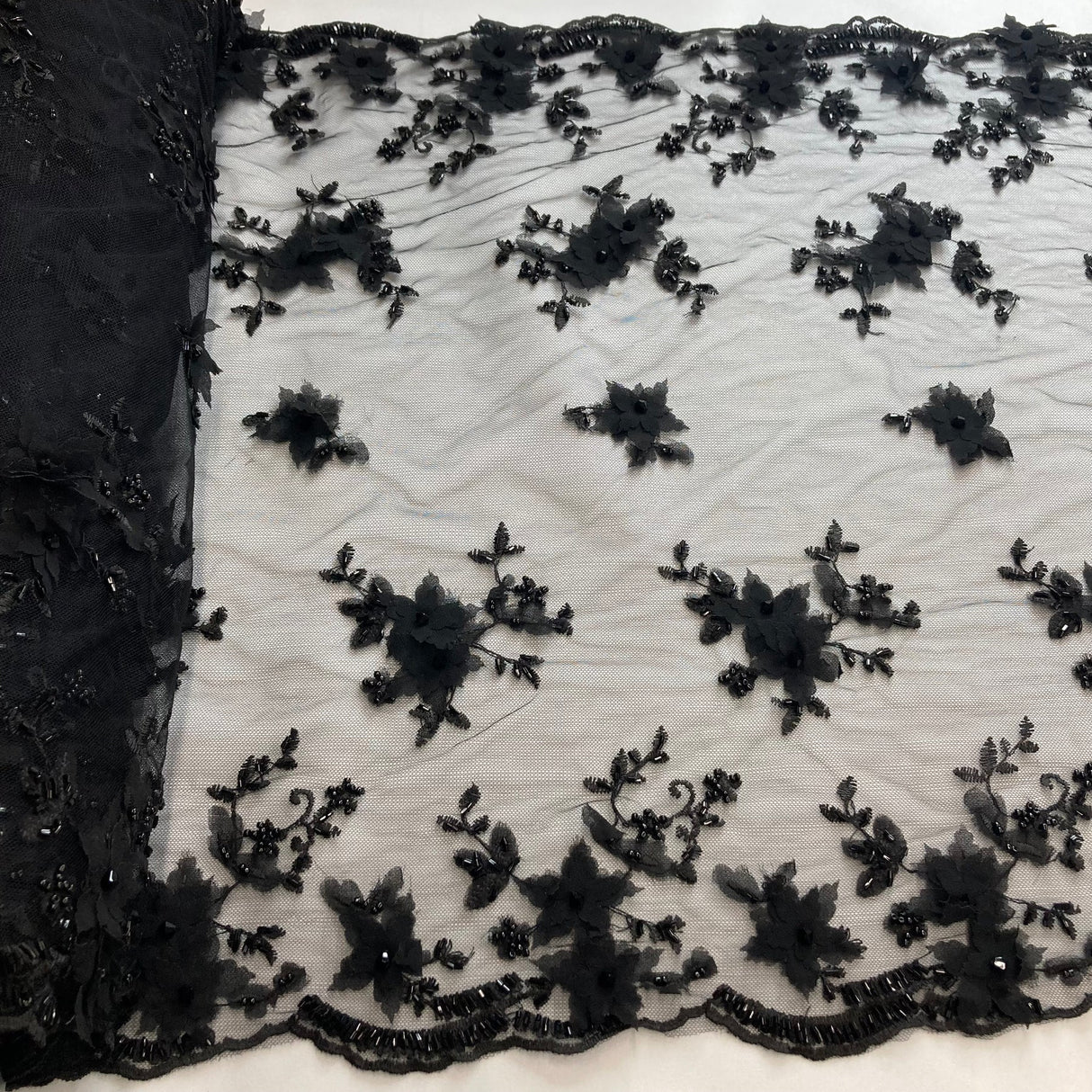 1 Yard Beaded Double Sided 3D Floral Lace Trimming 100% Polyester Net Mesh 21" Wide