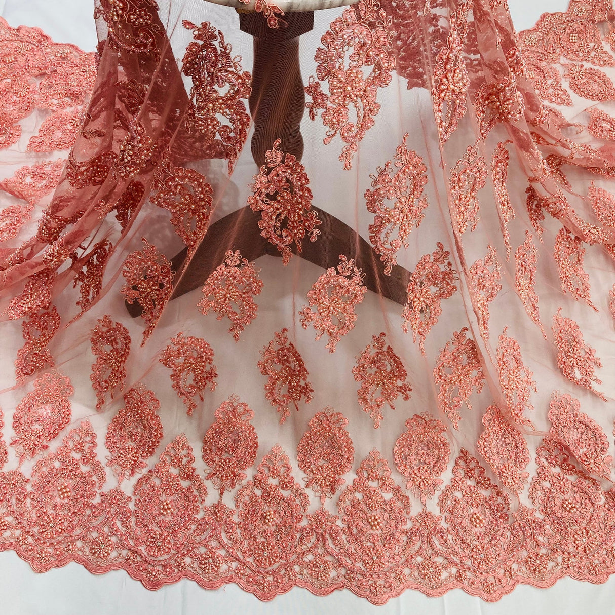 1 Yard Red Beaded Corded Lace Fabric Embroidered on Polyester Net Mesh 54 inch Width