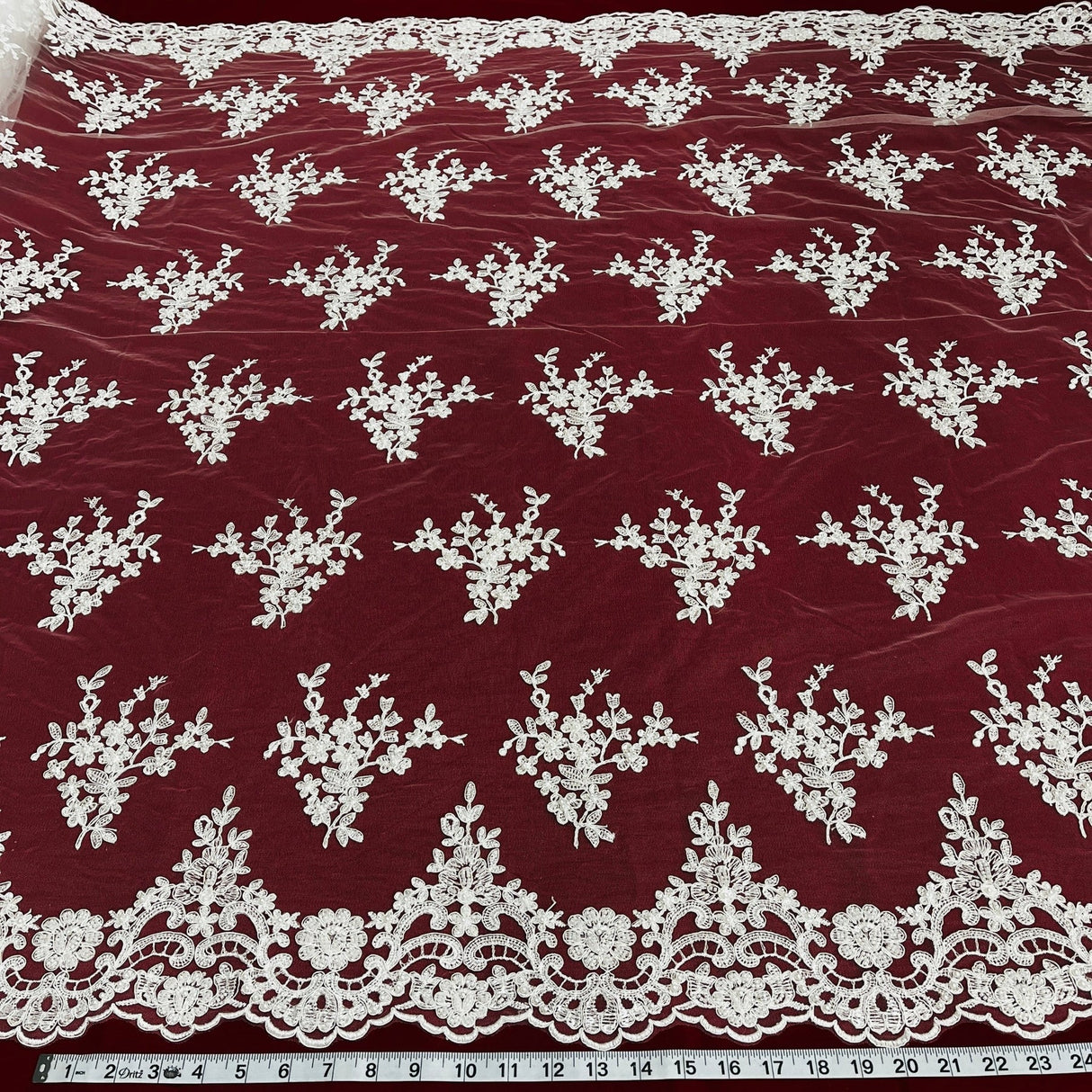 1 Yard Gold Beaded Corded Bridal Lace Fabric Embroidered on Polyester Net Mesh 56 inch Width