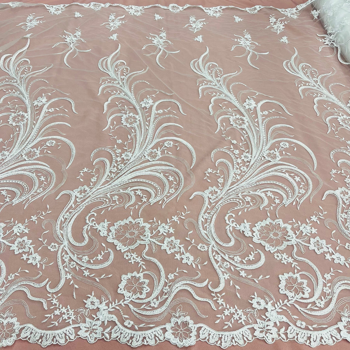 1 Yard Ivory Corded Bridal Lace Fabric Embroidered Elegant Mesh 54" Width