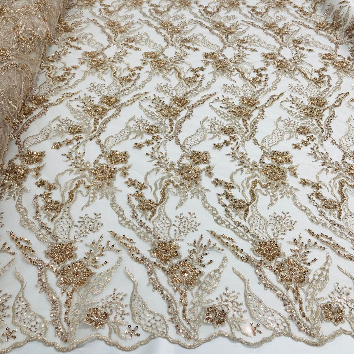 1 Yard Beaded Lace Fabric Embroidered on 100% Polyester Net Mesh 50" Width