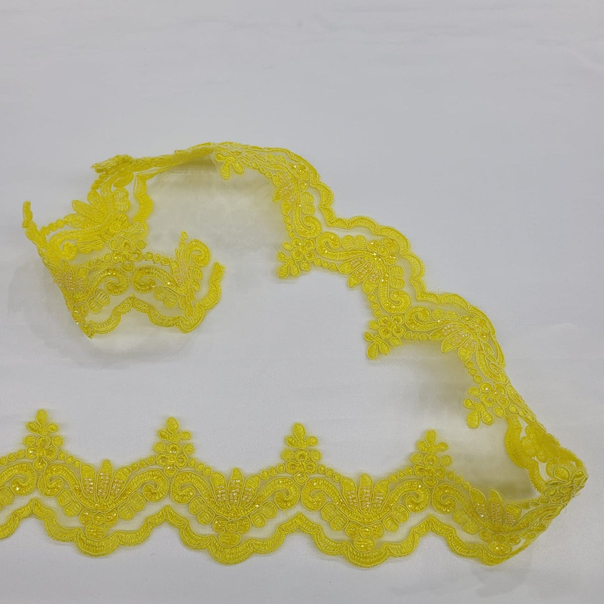 1 Yard Luxurious Beaded & Corded Lace Trimming Embroidered on 100% Polyester Net Mesh for Special Occasion Dresses 3 Inch Width