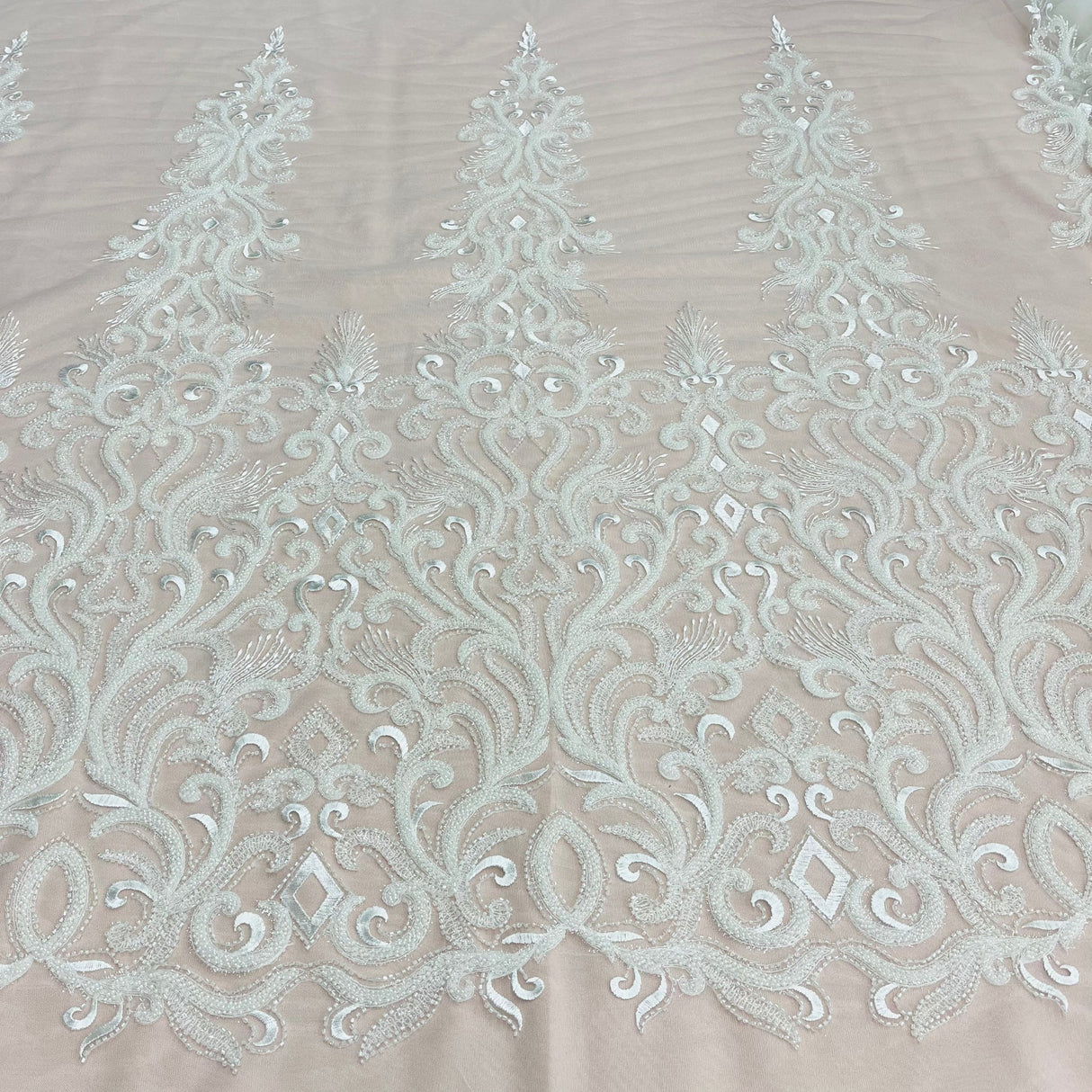 1 Yard Beaded Lace Fabric Embroidered with Fuzzy Thread & Sequins on Polyester Net Mesh for Bridal, Evening & Couture Gowns 49" Wide