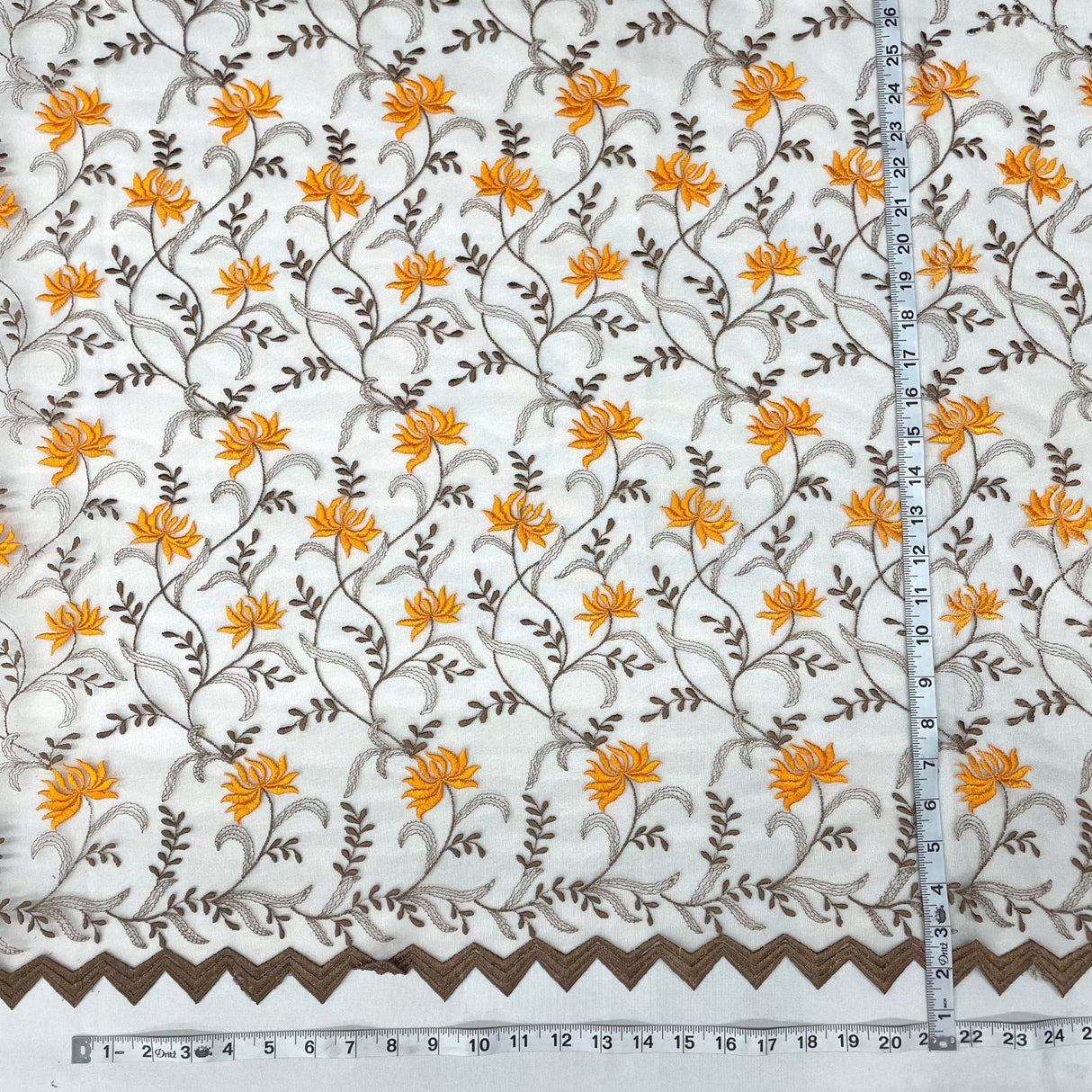 1 Yard Brown Orange Embroidered Lace Fabric on Polyester Net Mesh 54 Inch Width