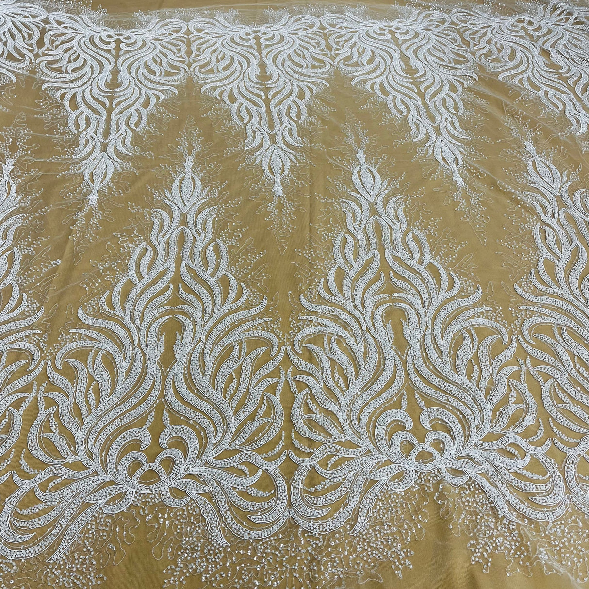 1 Yard Beaded, Corded & Sequined Bridal Lace Fabric on Polyester Net Mesh 54" Wide Couture Fabric