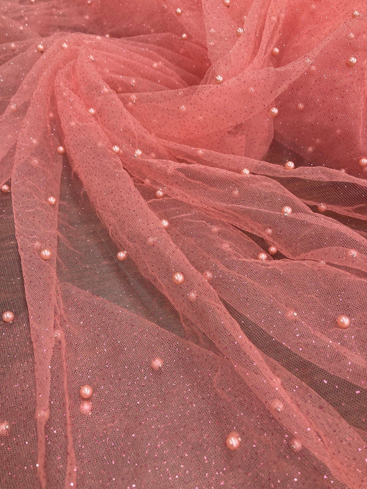 1 Yard Hunter Green Glitter Mesh Fabric with Scattered Pearls Stretch Soft Sparkle Net 60 Inch Width