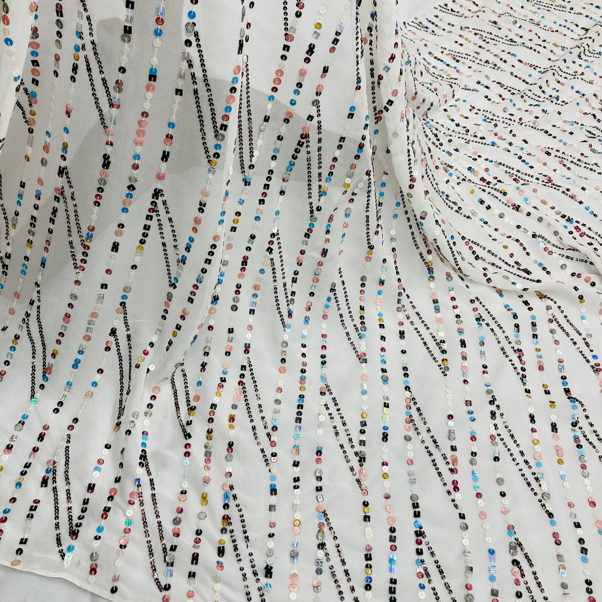 1 Yard White Hand Sequined Chiffon Fabric Soft Lightweight Percent Polyester 48 Inch Width