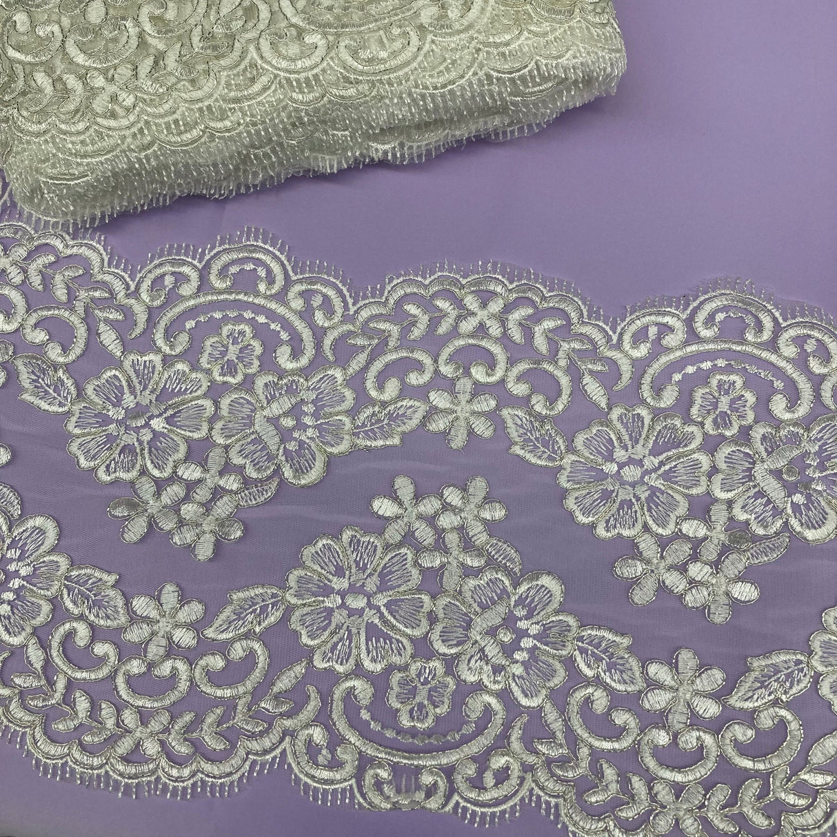 1 Yard Corded Double Sided Lace Trimming Embroidered on 100% Polyester Net Mesh 10" Wide