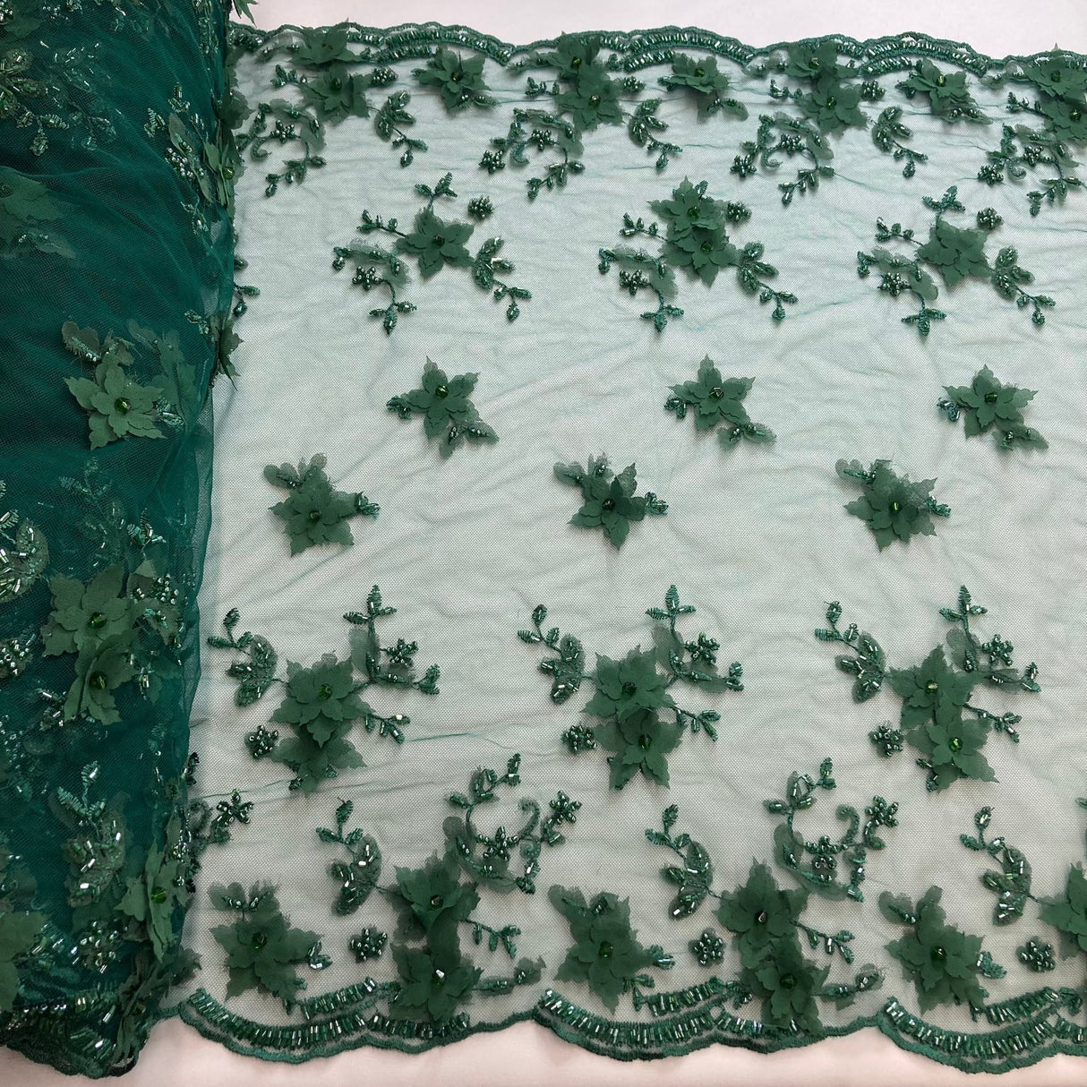 1 Yard Beaded Double Sided 3D Floral Lace Trimming 100% Polyester Net Mesh 21" Wide