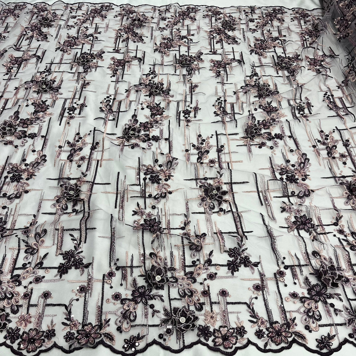 1 Yard Beaded Rhinestone 3D Floral Lace Fabric for Wedding Gowns and Dance Costumes 50" Width