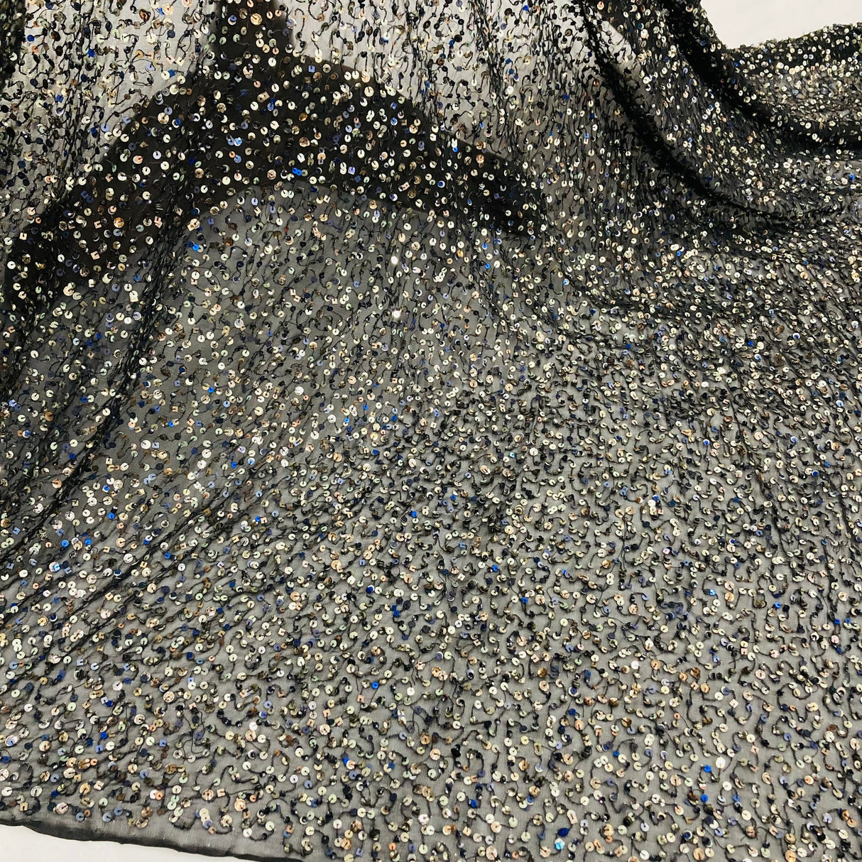 1 Yard Black Sequined Lace Fabric Embroidered on Percent Polyester Chiffon Soft Elegant 54 Inch Width