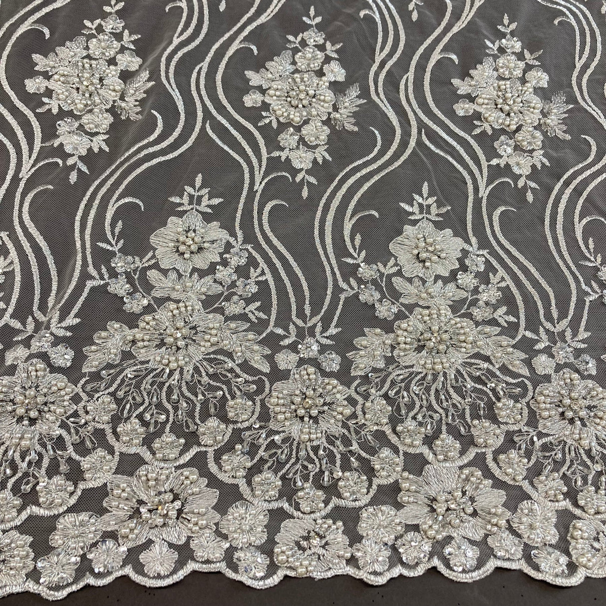1 Yard Elegant Beaded Lace Fabric Embroidered on Polyester Net Mesh 51 inch Width
