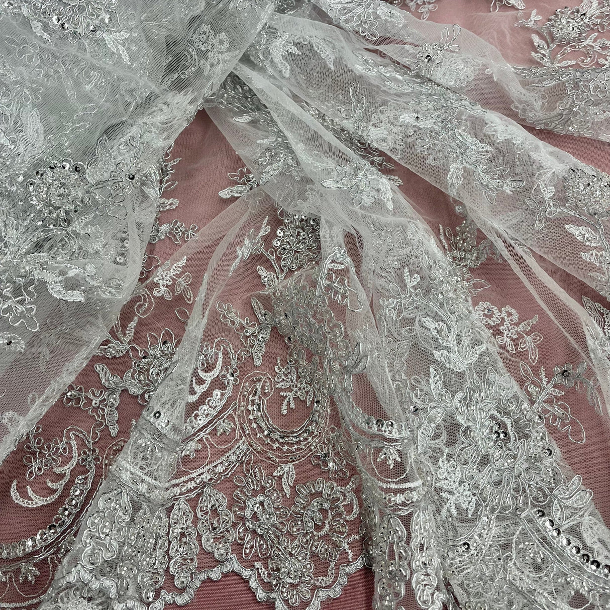 1 Yard Ivory Beaded Corded Bridal Lace Fabric Embroidered on Polyester Net Mesh 51 inch Width