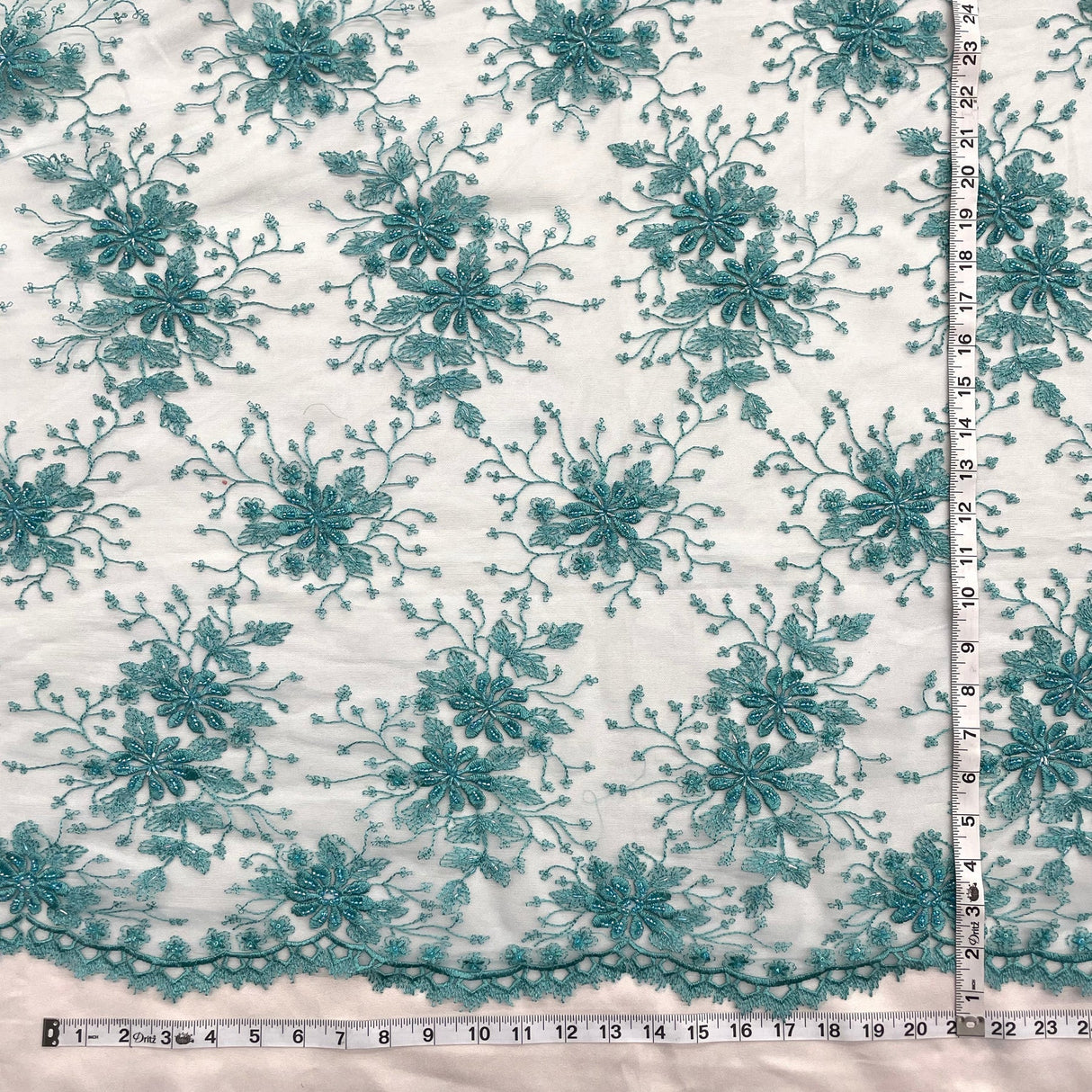 1 Yard Fuchsia Beaded Lace Fabric Embroidered on Polyester Net Mesh 52 Inch Width