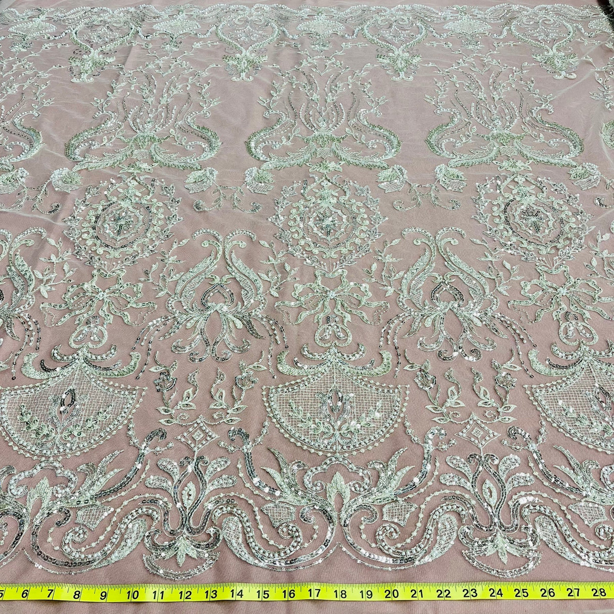 1 Yard Beaded Lace Fabric Embroidered on Polyester Net Mesh, 51" Wide, Premium Lace Fabric for Dresses & Crafts