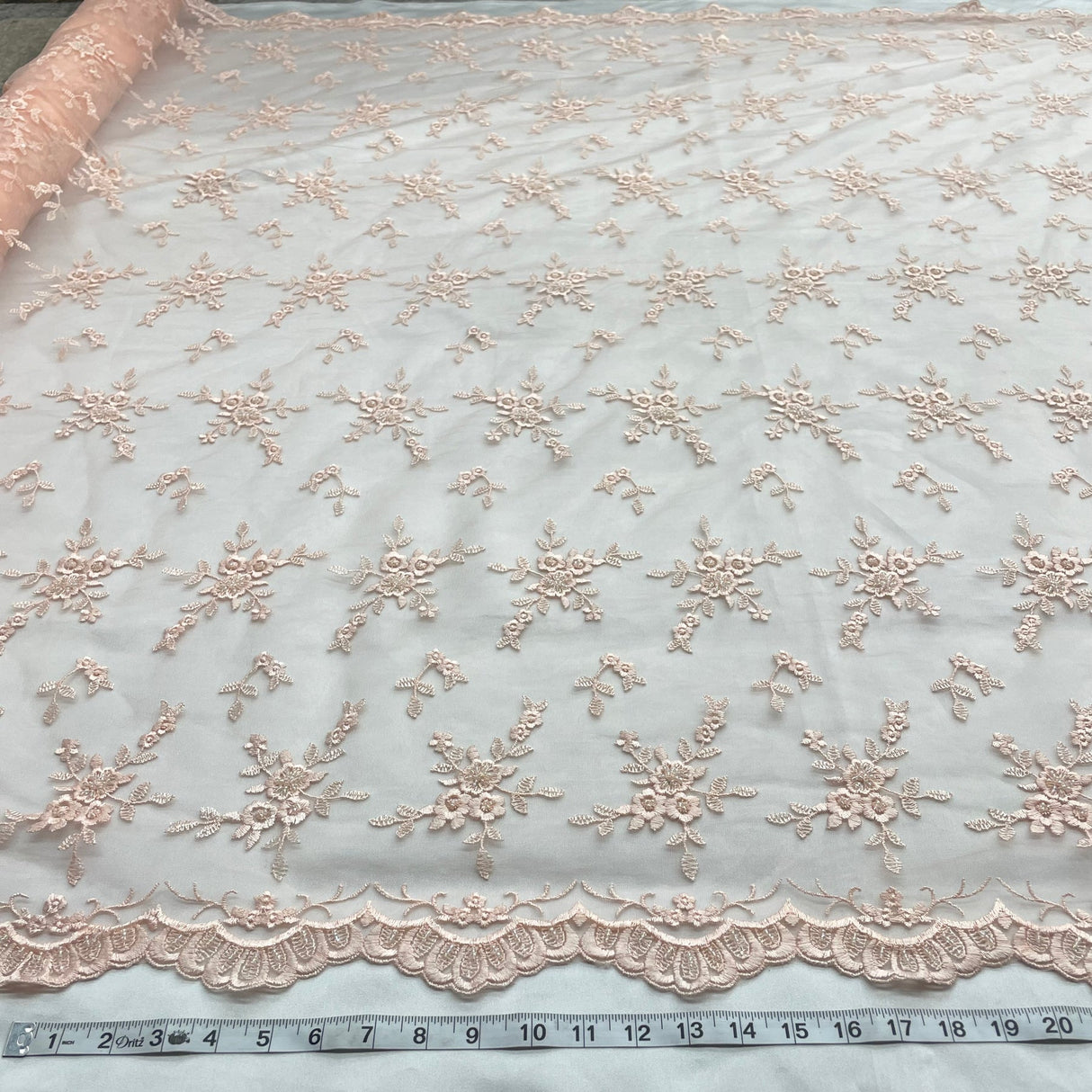 1 Yard Peach Beaded Lace Fabric Embroidered Polyester Net Mesh 53 Inch Width