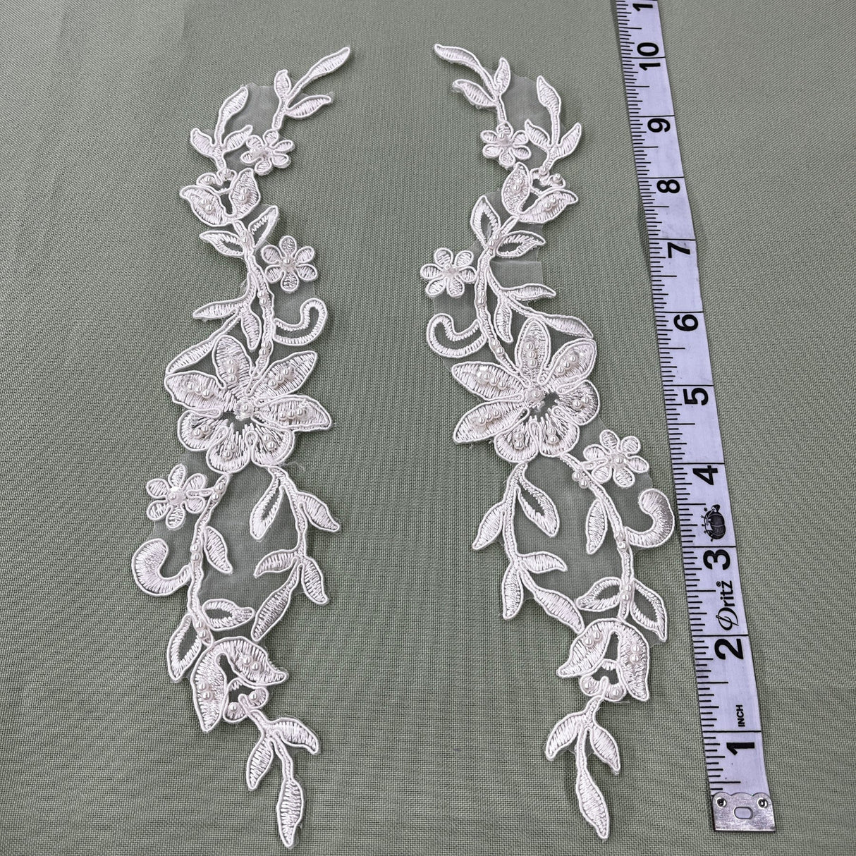 1 Pair Beaded & Corded Lace Applique Embroidered on 100% Polyester Organza 10" x 2" Each Side