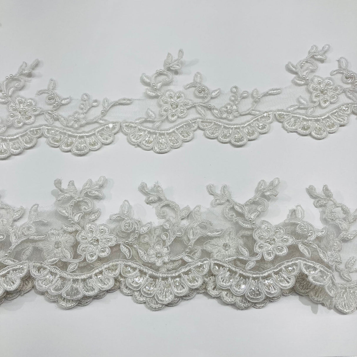 1 Yard Beaded Corded Lace Trimming on Net Mesh for Bridal Dresses 3.25 Inch Width