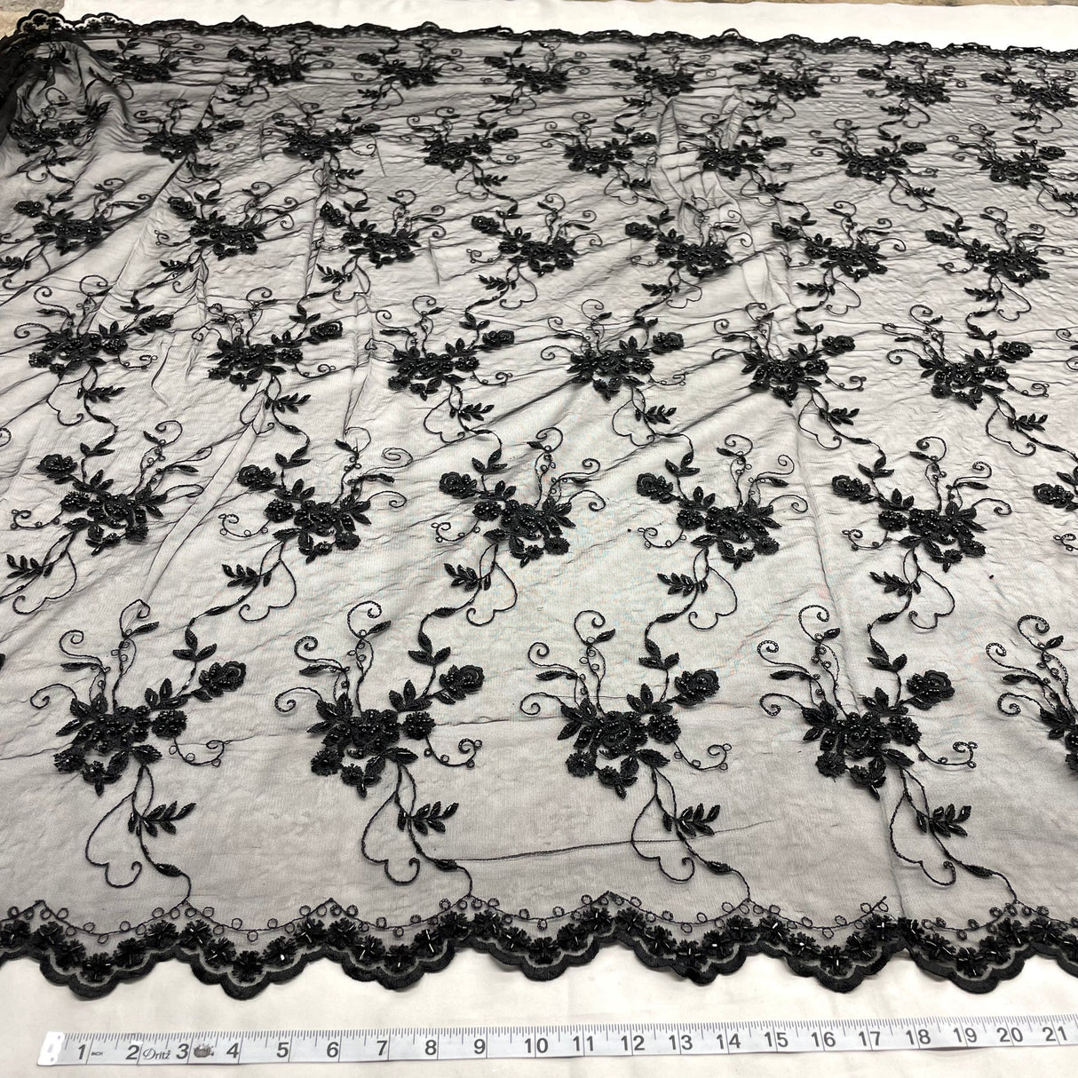 1 Yard Black Beaded Lace Fabric with Sequins and Pearls for Bridal and Evening Gowns, 51 Inches Wide