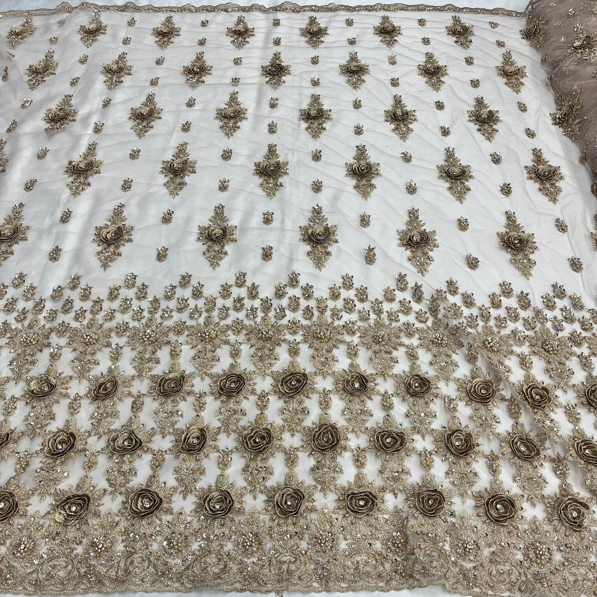 1 Yard Exquisite "Skin" Beaded 3D Floral Lace Fabric on Net Mesh 54 inch Width