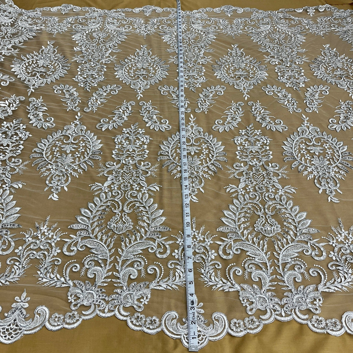 1 Yard Gold Beaded & Corded Bridal Lace Fabric, Embroidered on 100% Polyester Mesh, 52” Width