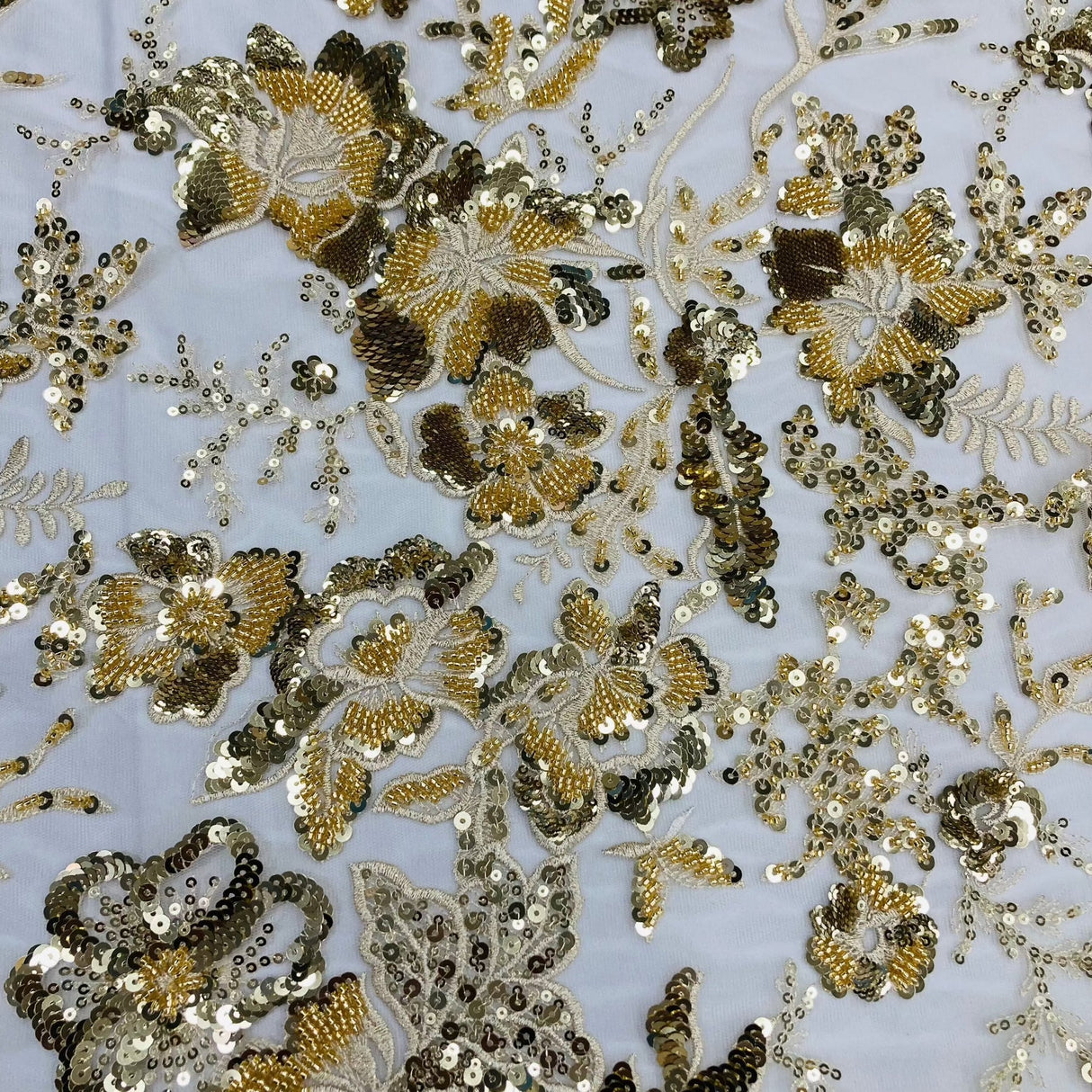 1 Yard Ivory Gold Beaded & Sequined Embroidered Lace Fabric on Polyester Mesh 48" Width