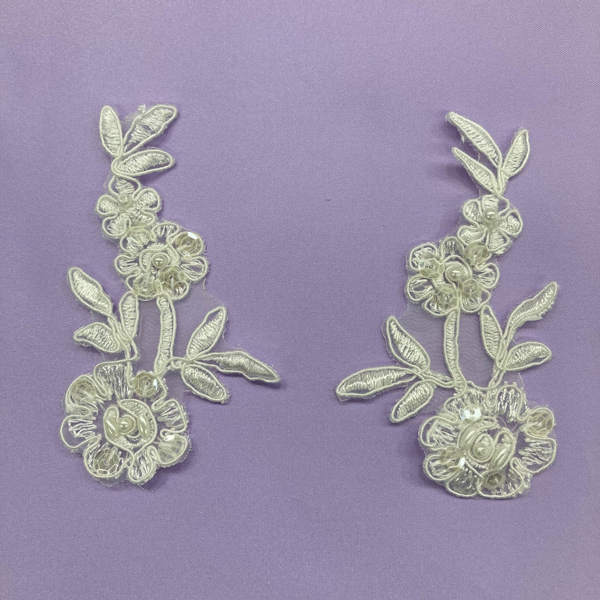 1 Pair Beaded & Corded Floral Lace Applique 4" x 2" Each Side