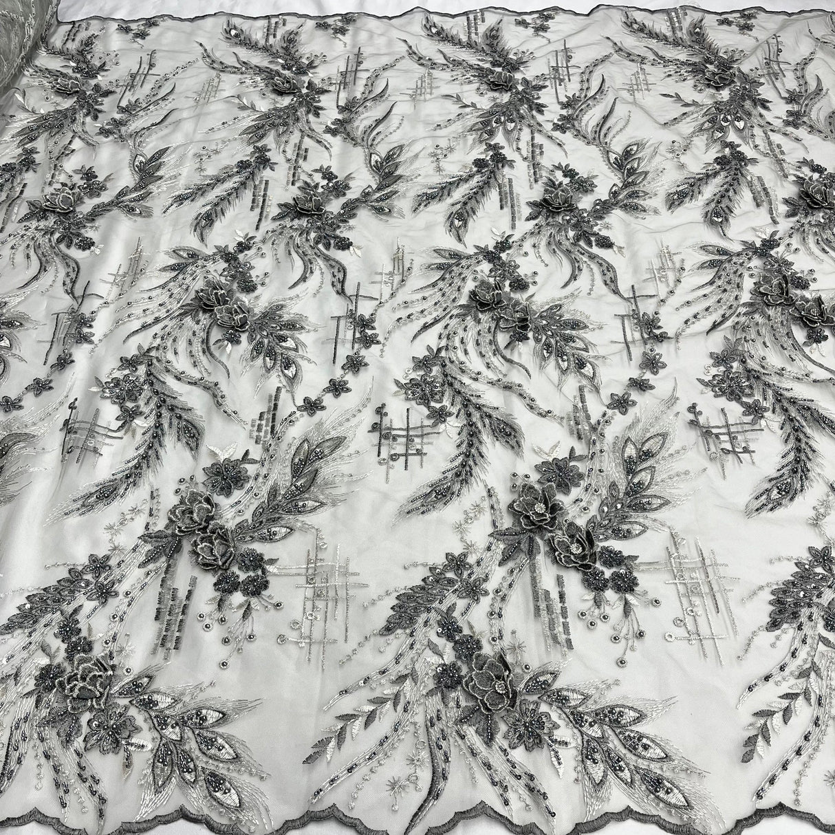 1 Yard Beaded Rhinestone 3D Floral Lace Fabric for Bridal Gowns Costumes Dresses 50" Width