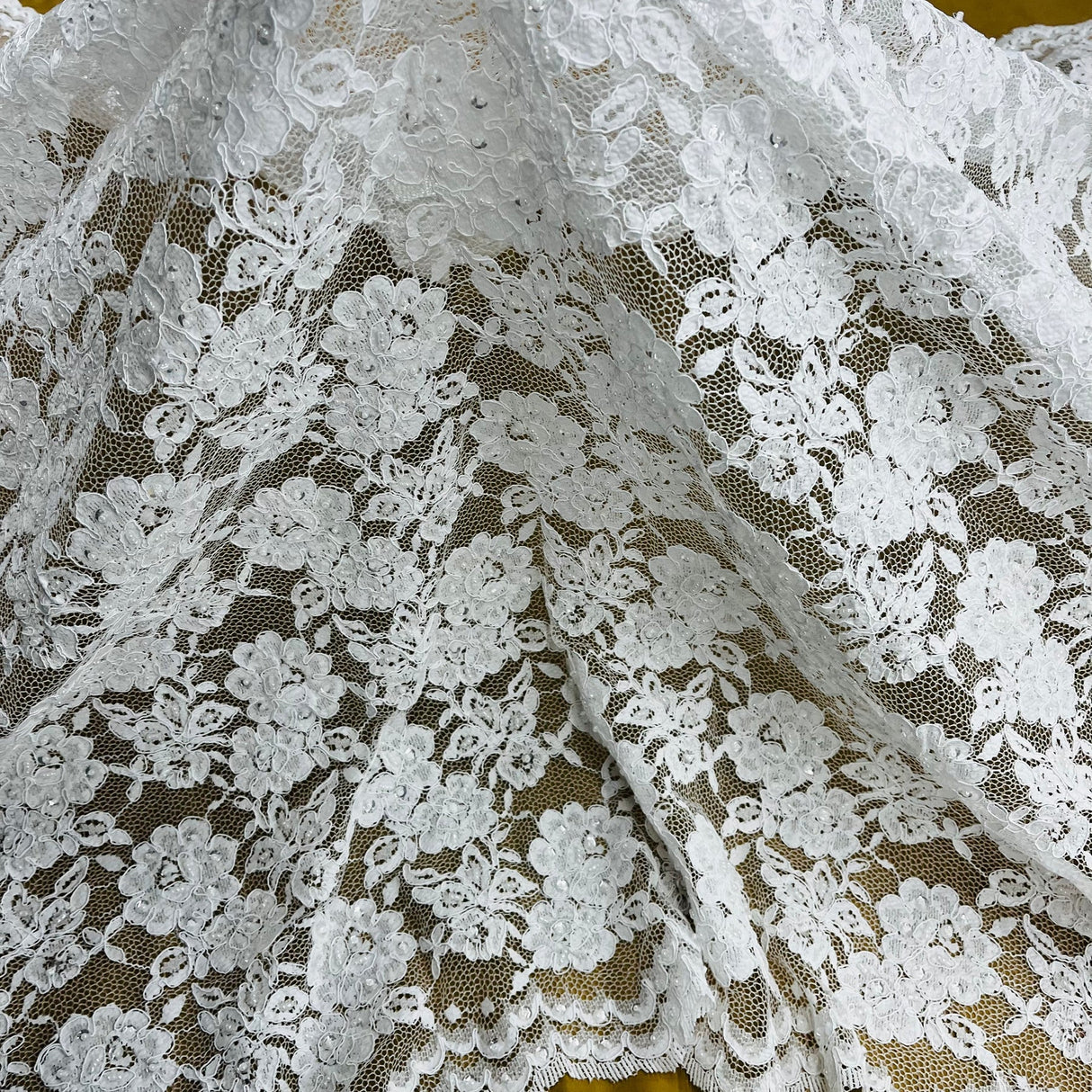 1 Yard White Beaded & Corded Lace Fabric on Polyester Mesh, Embroidered Design, 49" Wide