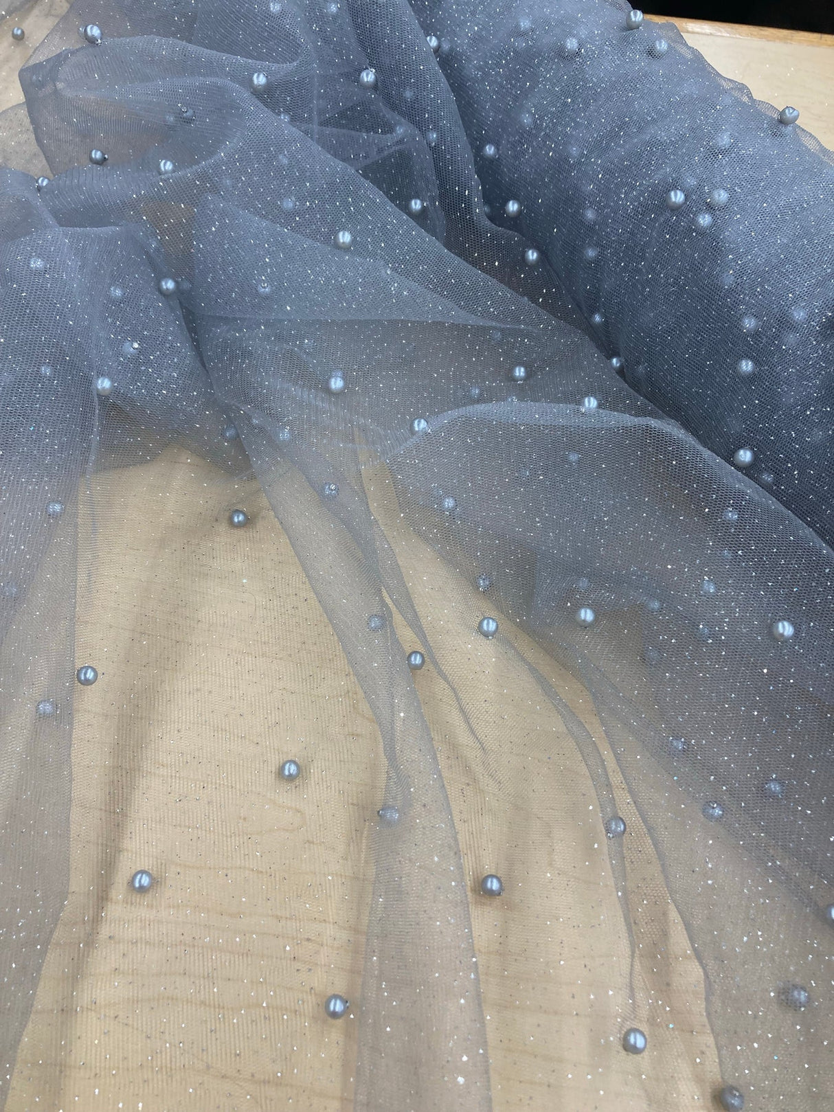 1 Yard Hunter Green Glitter Mesh Fabric with Scattered Pearls Stretch 60 Inch Width