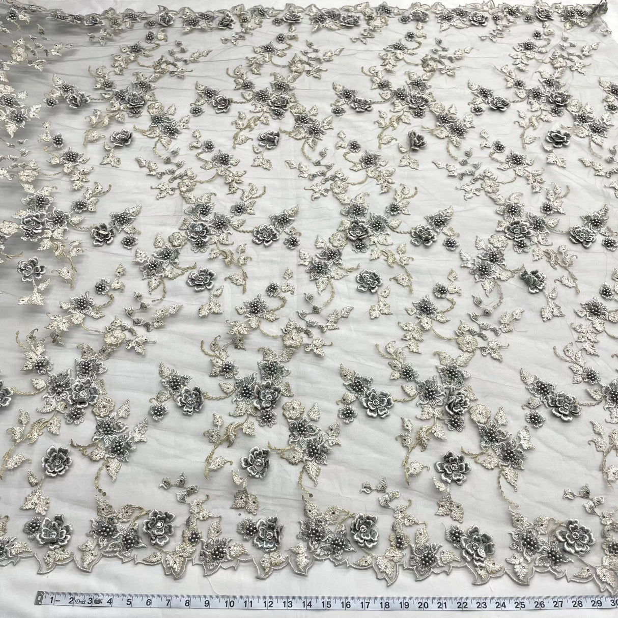 1 Yard Aqua Beaded 3D Floral Lace Fabric Embroidered on Polyester Net Mesh 54 inch Width