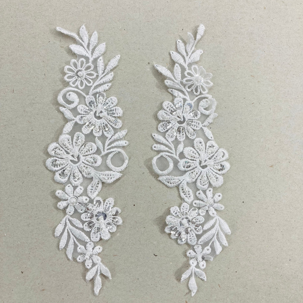 1 Pair Beaded Lace Applique Embroidered on 100% Polyester Organza 9" x 2.5" Each Side