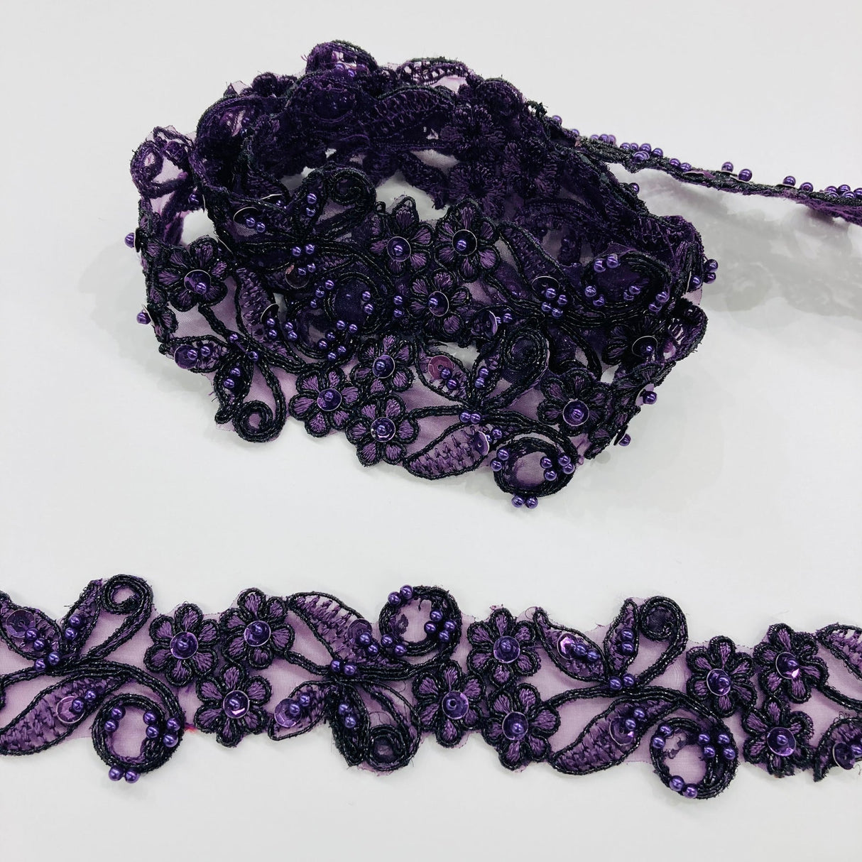 1 Yard Exquisite Beaded & Corded Lace Trimming Embroidered on 100% Polyester Organza for Bridal and Evening Dresses 1.5 Inch Width