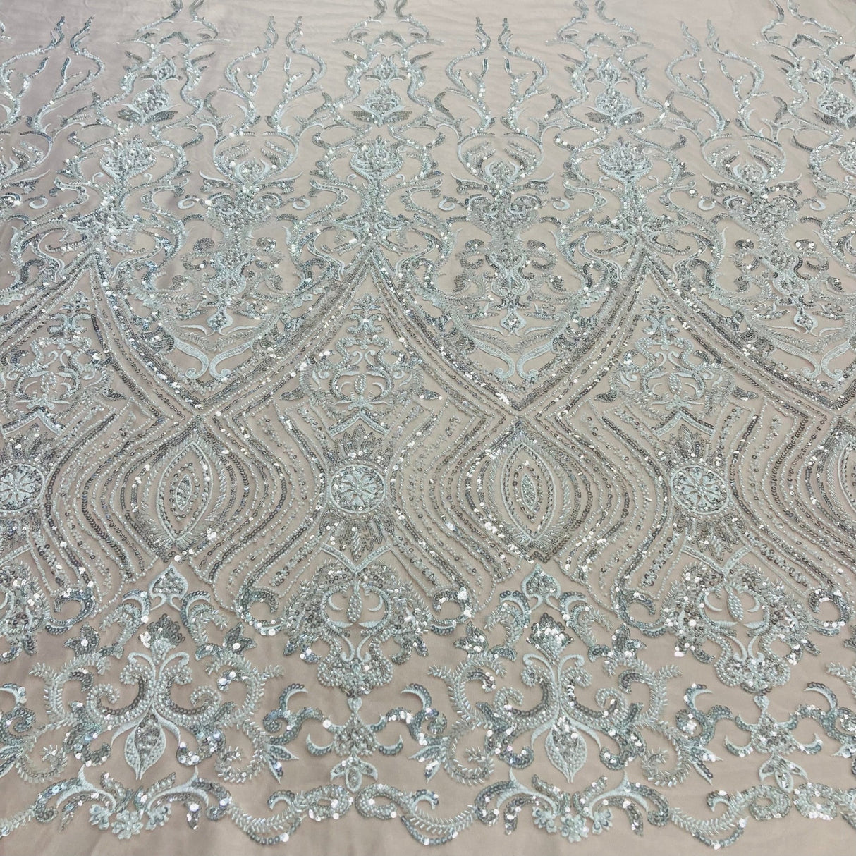 1 Yard Beaded Lace with Sequins & Pearls 52″ Wide Embroidered Polyester Net Mesh for Bridal & Formal Gowns