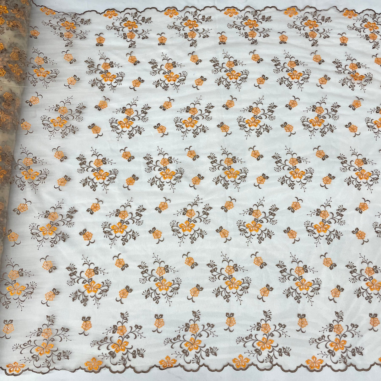 1 Yard Orange/Brown Beaded Lace Fabric Embroidered on Polyester Net Mesh 54 Inch Width