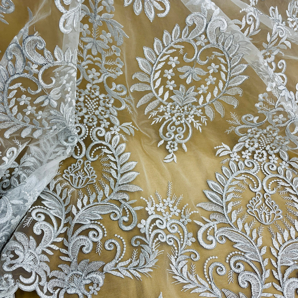 1 Yard Elegant Corded Bridal Lace Fabric Embroidered on Polyester Net Mesh 52" Width