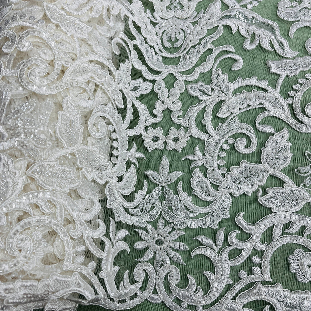 1 Yard Beaded Corded Bridal Lace Fabric on Polyester Net Mesh, 53" Wide, Elegant Embroidered Design
