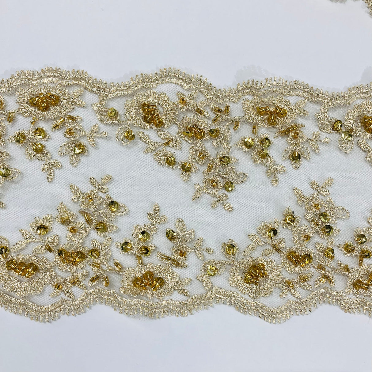 1 Yard Beaded Double Sided Lace Trimming Embroidered on 100% Polyester Net Mesh 5″ Wide