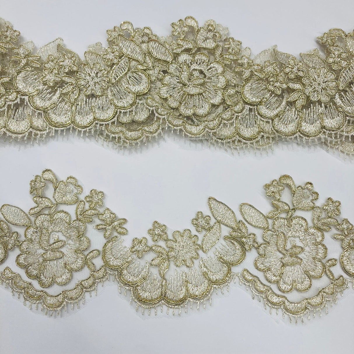 1 Yard Corded Lace Trimming on Net Mesh | 3.5" Wide | Handmade Embroidered Trim for Dresses & Costumes
