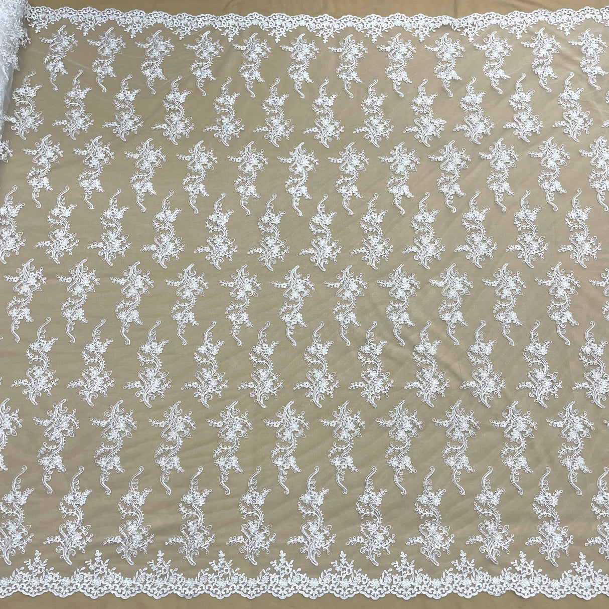 1 Yard Ivory with Silver Corded Bridal Lace Fabric Embroidered Polyester Net Mesh 54 Inch Width
