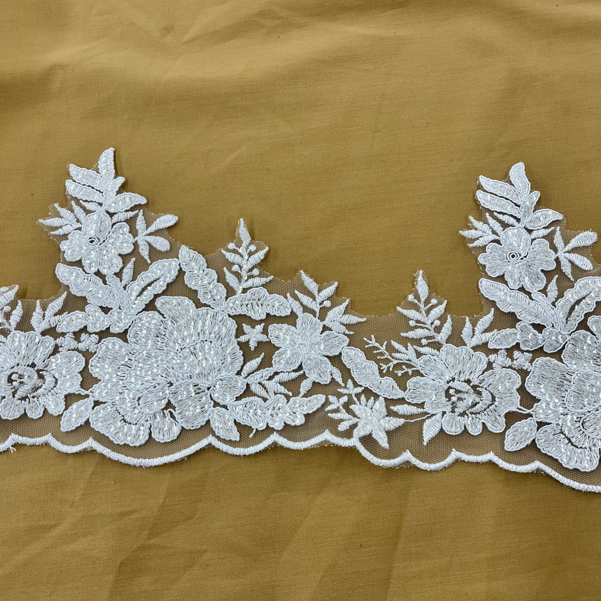 1 Yard Beaded & Corded Floral Lace Trimming Embroidered on 100% Polyester Net Mesh 6.5″ Wide