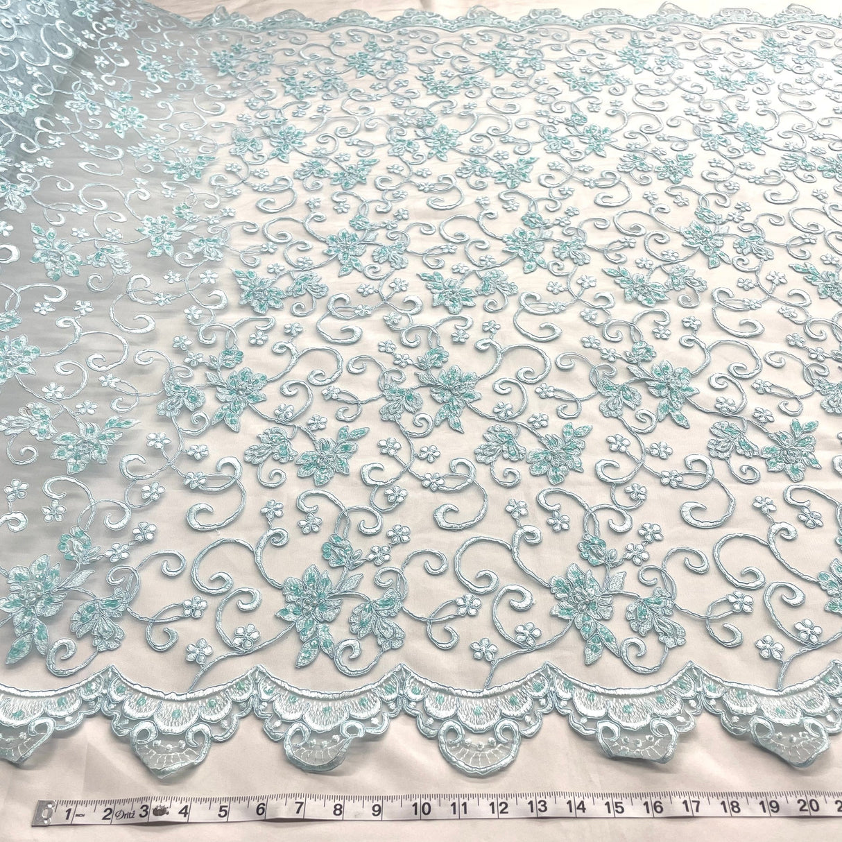 1 Yard Lime Green Beaded & Corded Bridal Lace Fabric Embroidered on Polyester Net Mesh 54 Inch Width