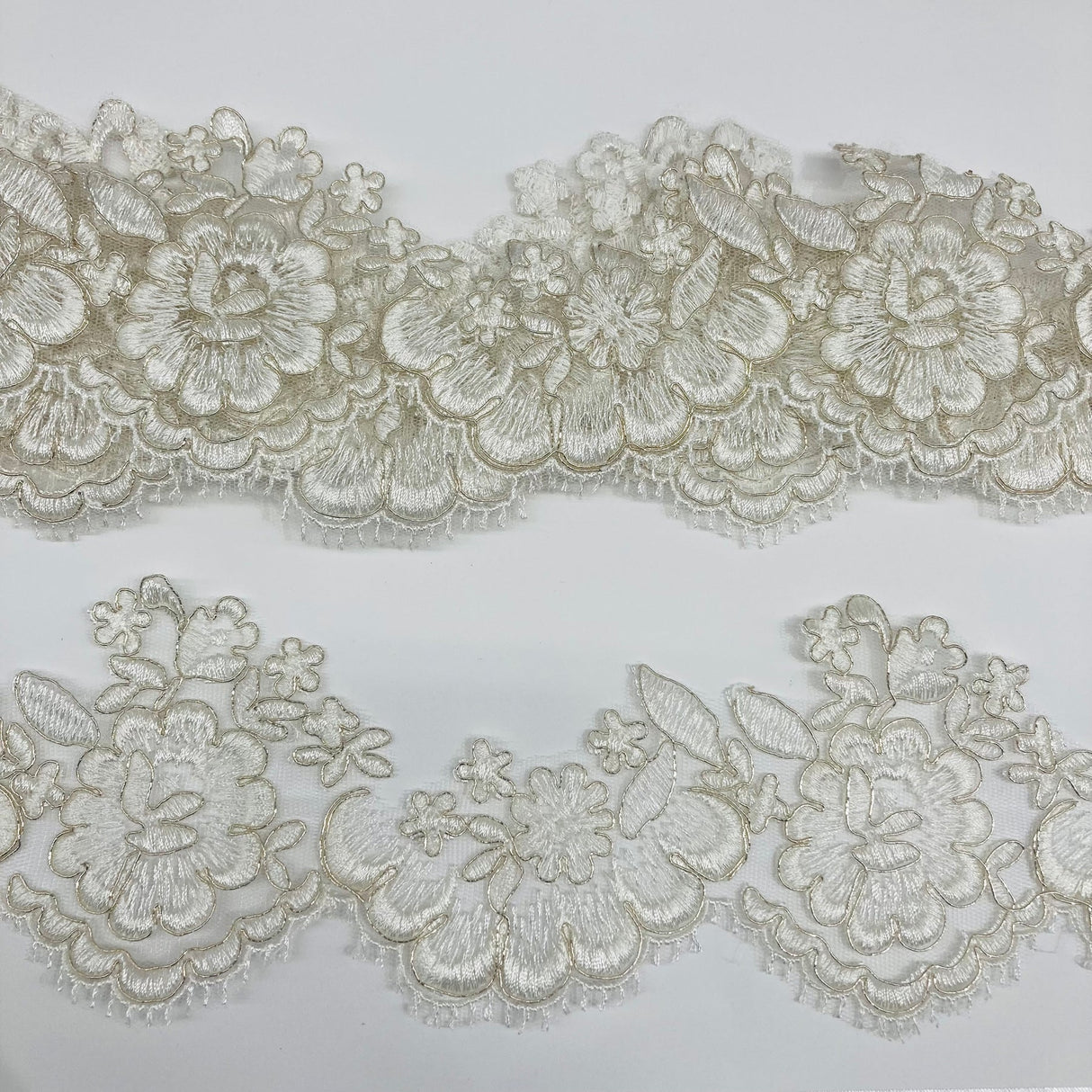 1 Yard Corded Lace Trimming on Net Mesh | 3.5" Wide | Handmade Embroidered Trim for Dresses & Costumes
