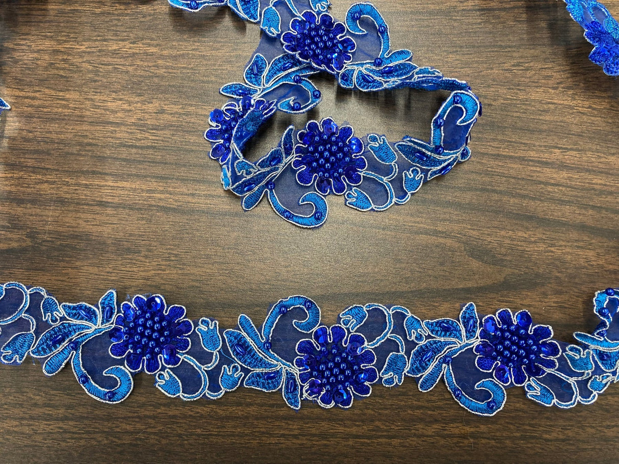 1 Yard Handmade Beaded & Corded Lace Trimming Embroidered on Polyester Organza 2 Inch Width