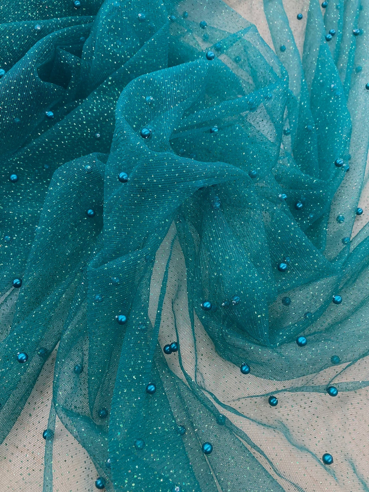 1 Yard Hunter Green Glitter Mesh Fabric with Scattered Pearls Stretch Soft Sparkle Net 60 Inch Width