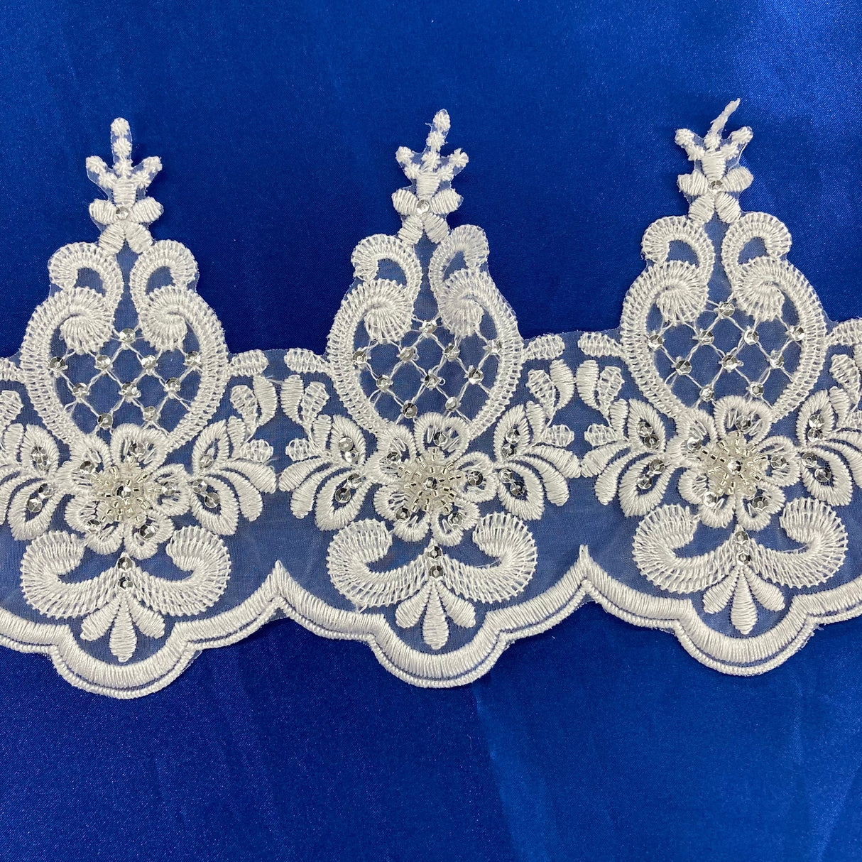 1 Yard Beaded Lace Trimming on Organza | 6" Wide | Handmade Embroidered Trim for Bridal, Gowns & Costumes